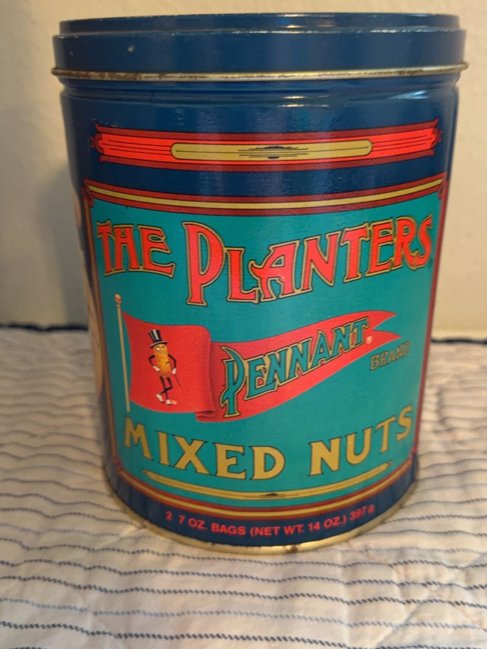 Vintage blue Planters Mixed Nuts Tin - Classic The Pennant Design